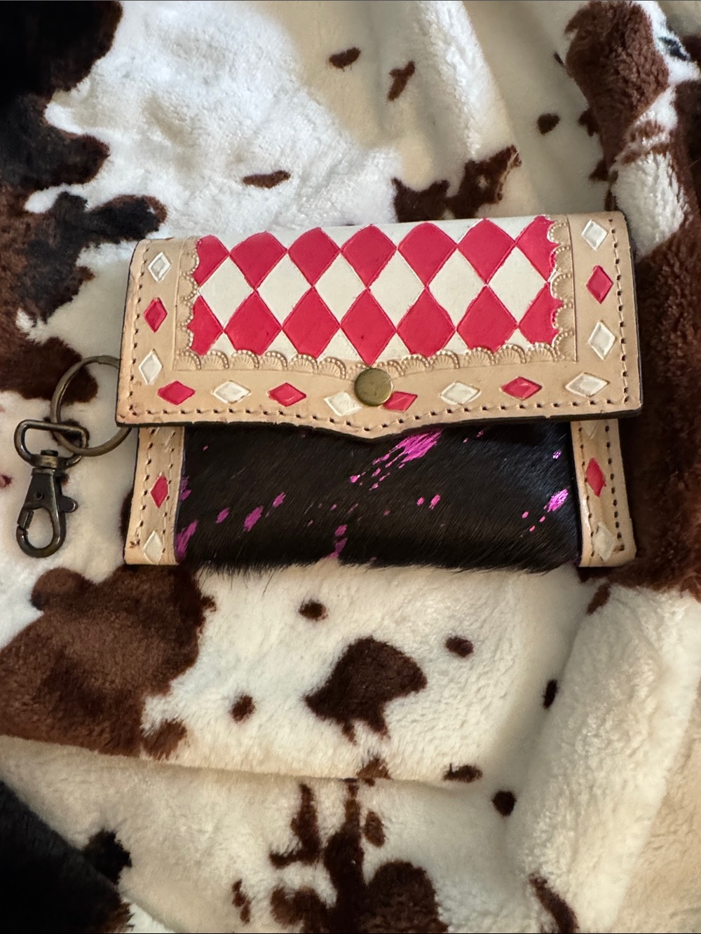 Pink and Cream Leather Wallet Clutch with Hair-On Hide Accent